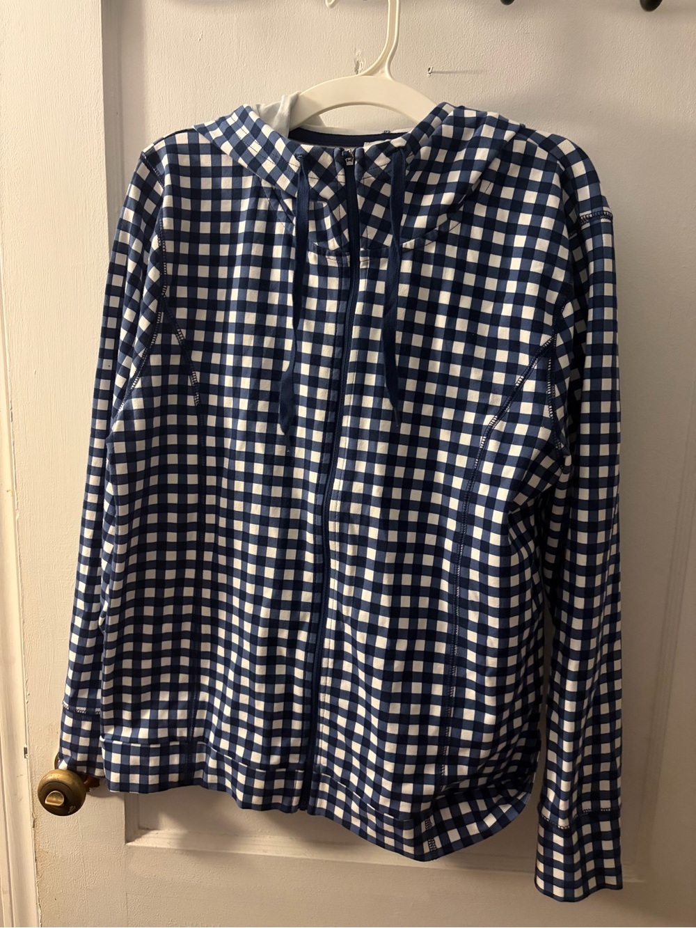 J. Crew Blue and White Gingham Zip-Up Hoodie